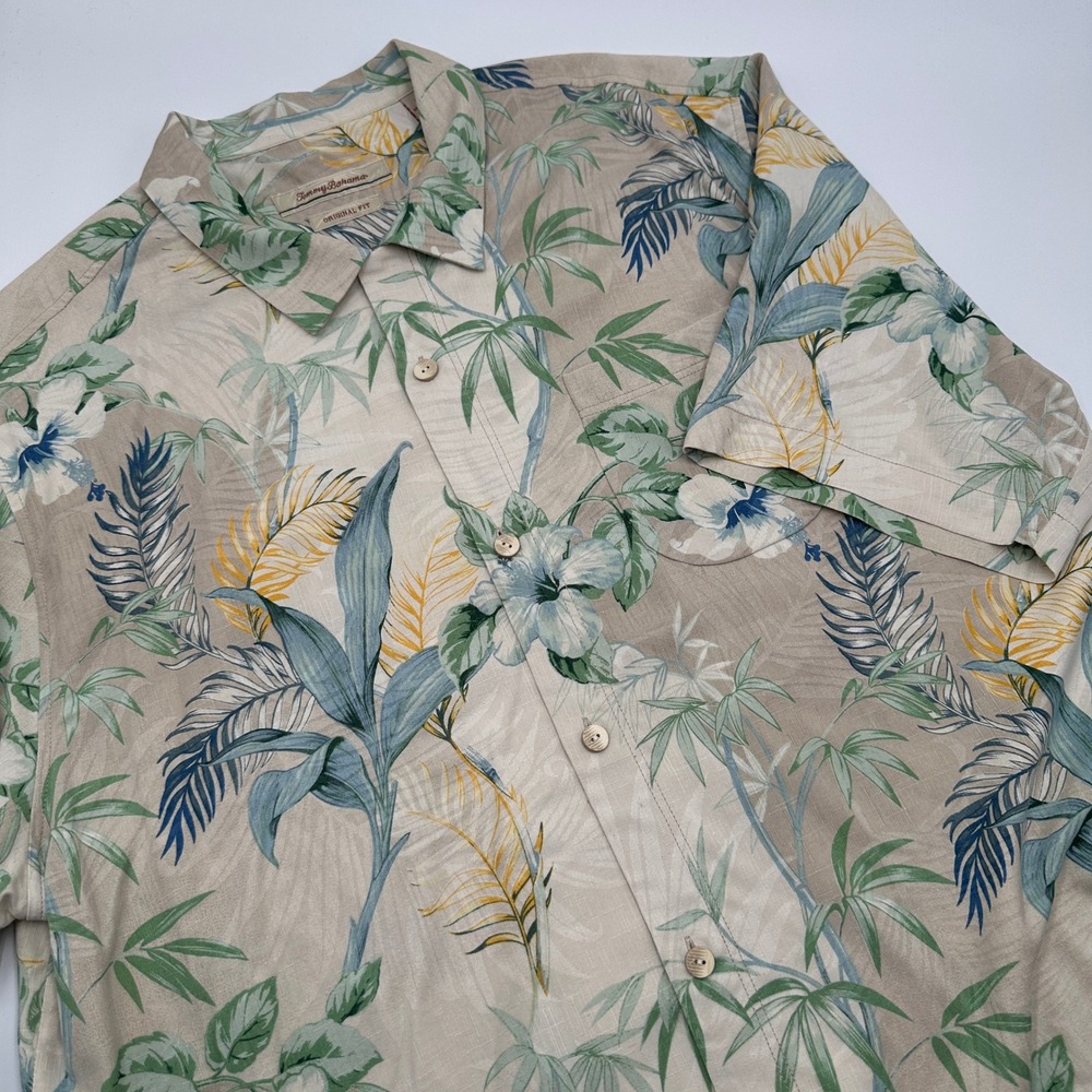 Tommy Bahama Silk Shirt Mens XL Tan Floral Excellent Tropical Aloha Camp Beach